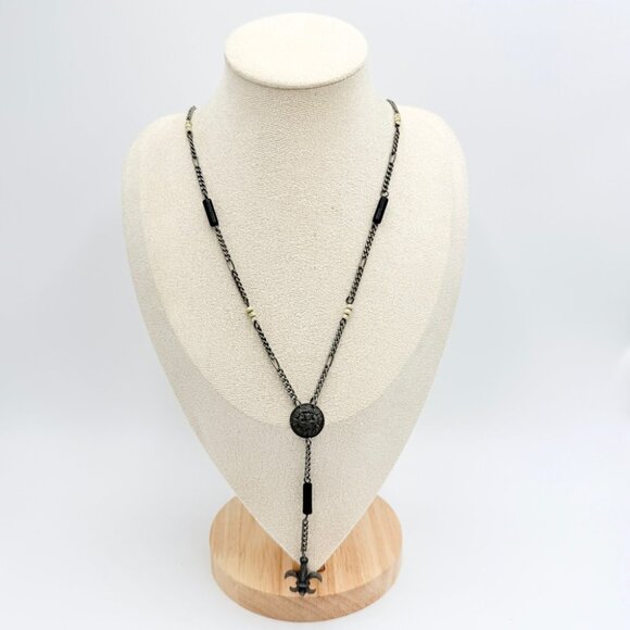 Vintage Fleur-de-Lis Y Necklace Gunmetal Chain Pendant Necklace - Picture 2 of 8